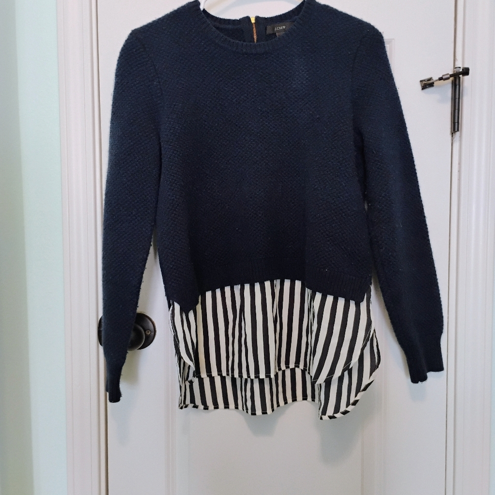 J. Crew Navy Sweater with Navy and White Striped Hem 100% Wool Sz L